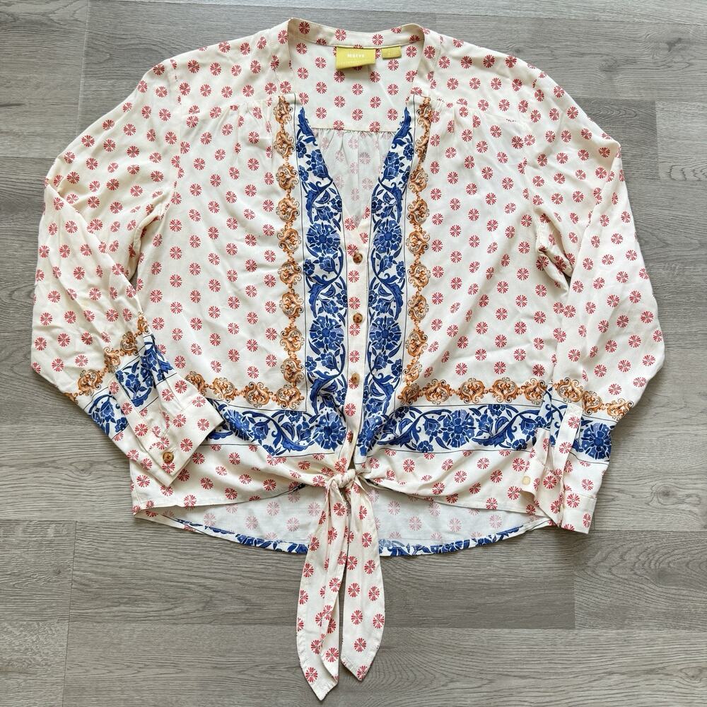 Maeve Anthropologie Womens Size 4 Cream Elan Scarf Print Waist Tie Top Flaw